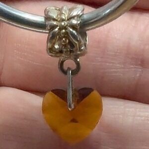 Vintage New Heart Slide Charm Pendant Amber Brown Faceted Glass Crystal‎ Silver